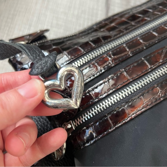 Brighton Go Go Crossbody Messenger Bag Black Brown Nylon Croc Embossed Leather - Picture 12 of 16